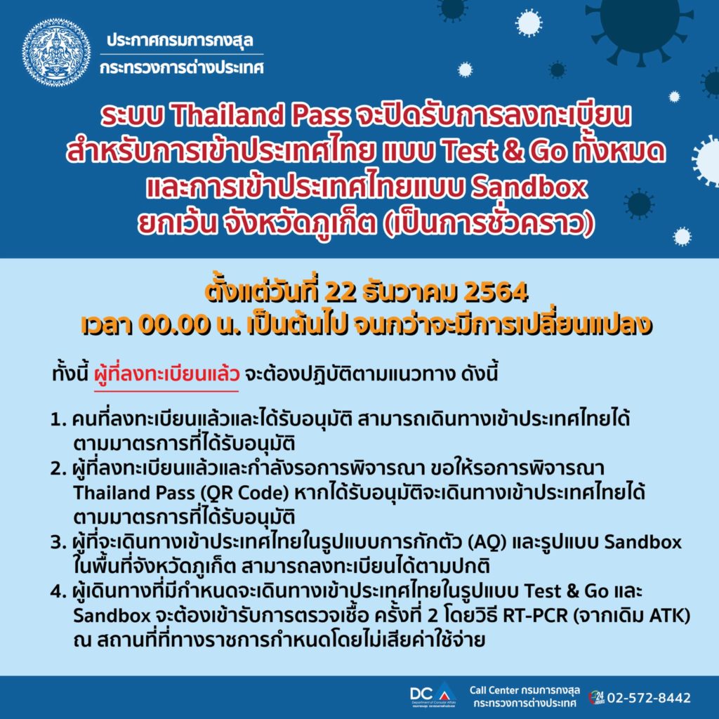 ระบบ Thailand Pass จะปิดรับการลงทะเบียน สำหรับการเข้าประเทศแบบ Test & Go และ Sandbox ยกเว้น จังหวัดภูเก็ต